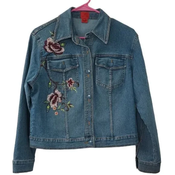Very Vera Cropped Embroidered Jean Jacket Size Large Petite - Picture 1 of 8